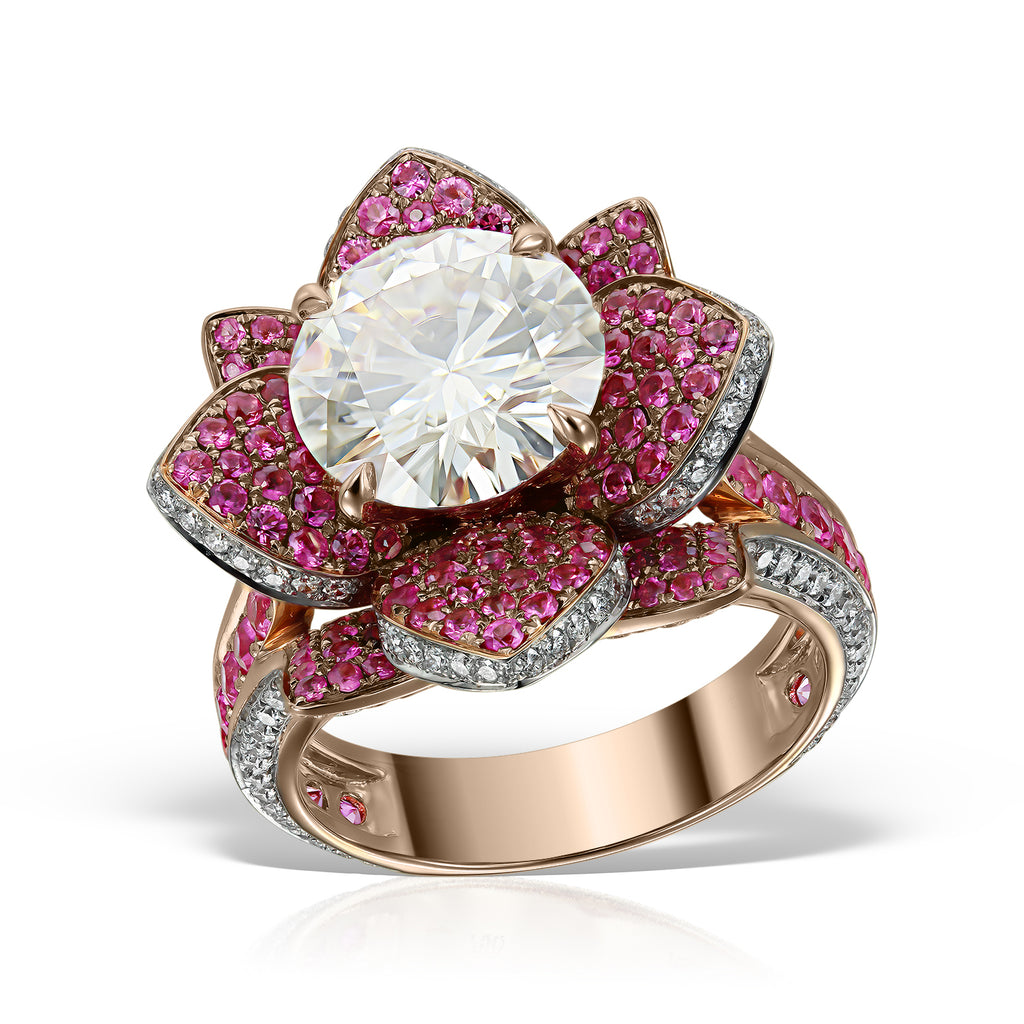 <b>IN BLOOM</b><br>Ring in Rose Gold with Diamonds, Pink Sapphires and Moissanite - Dita Von Helen